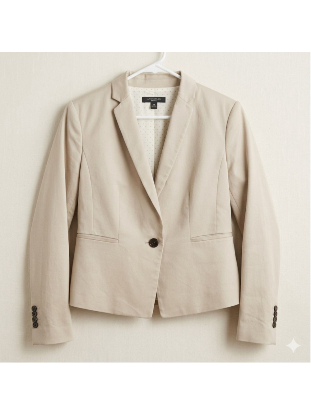Ann Taylor Petite Tan Single Button Blazer Career Suit Jacket Polka Dot 6P